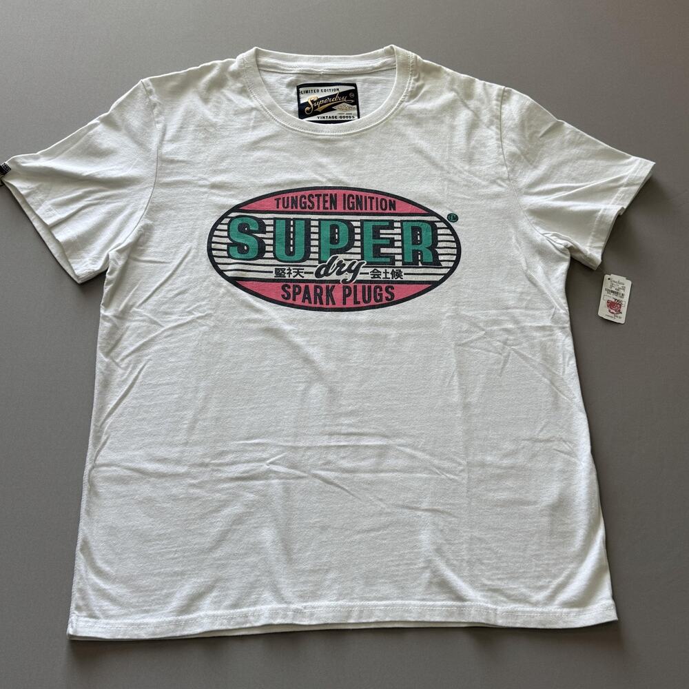 Superdry Shirt Mens 3XL White Tungsten Ignition Spark Plugs Graphic Tee Retro